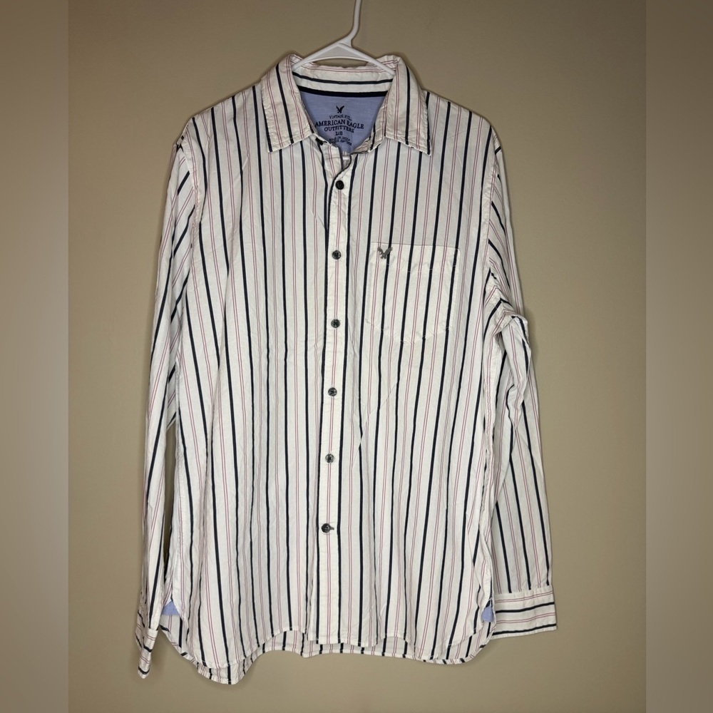 American Eagle Outfitters Men's Casual Striped Shirt - White, Black, Red